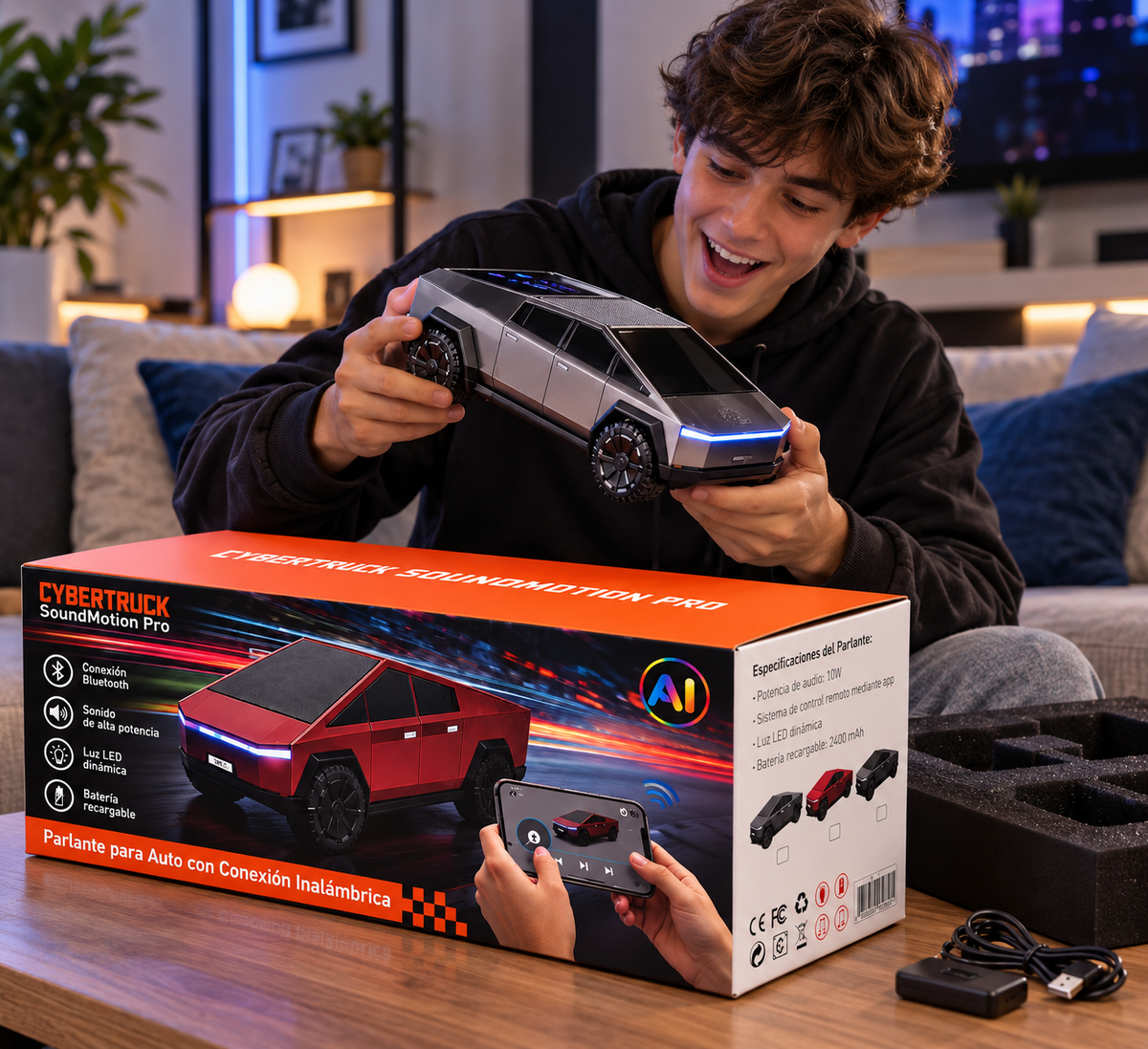Cybertruck SoundMotion Pro | Carro RC + Bocina Inteligente con IA